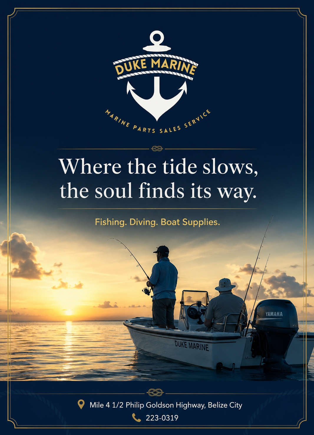A Duke Marine skiff at sunset off Belize